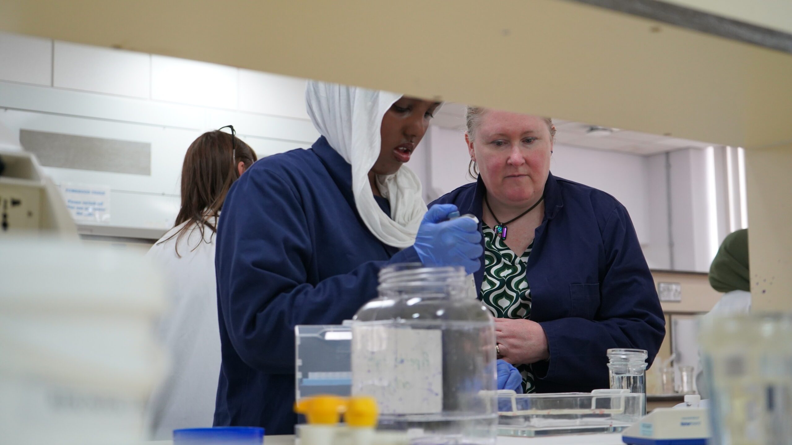 Prof Trish Lalor supervising a student during lab work simulation