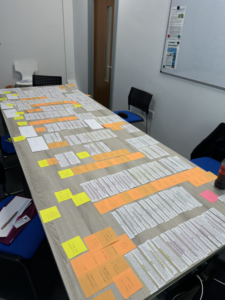 Post its and notes from qualitative research workshop on rheumatoid arthritis